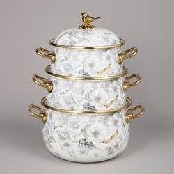 НАБОР КАСТРЮЛЬ AGNESS ЭМАЛИРОВАННЫХ СЕРИЯ "ЯБЛОНЕВЫЙ САД", 6ПР. 2,1Л, 2,8Л И 3,8Л