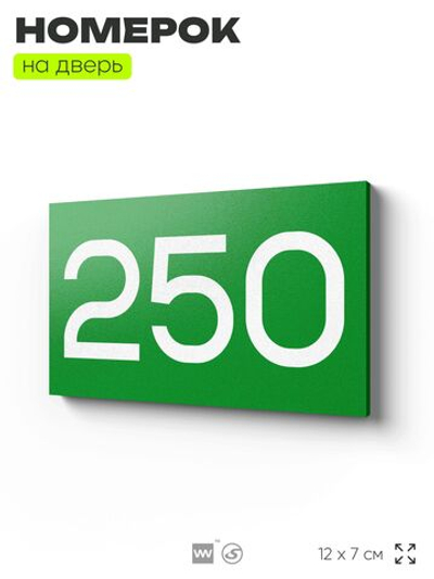Номер на дверь 250, табличка на дверь для офиса, квартиры, кабинета, аудитории, склада, зеленая 120х70 мм, Айдентика Технолоджи