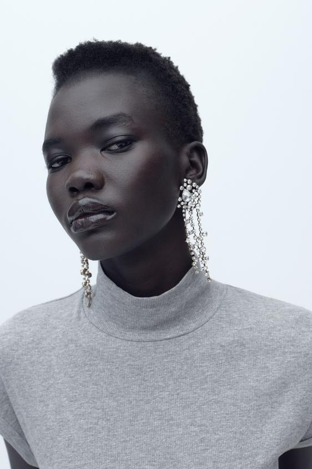 ZARA ТОП В РУБЧИК С ВОРОТНИКОМ-СТОЙКОЙ, СЕРЫЙ С МЕЛАНЖЕВЫМ ЭФФЕКТОМ