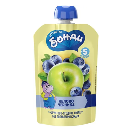 Пюре фруктовое БЕГЕМОТИК БОНДИ Яблоко, черника (ДПак) 90г