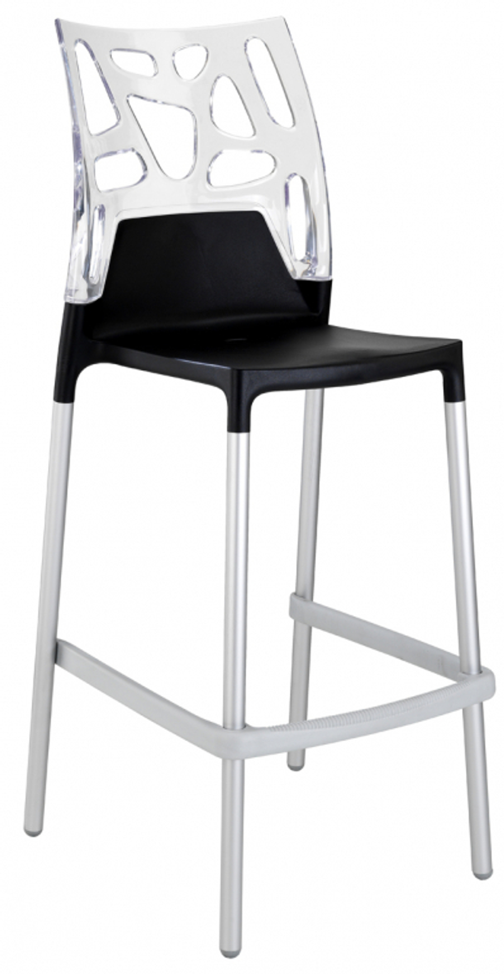Стул пластиковый барный Papatya Ego-Rock Bar, сатинированный алюминий, черный матовый, прозрачный