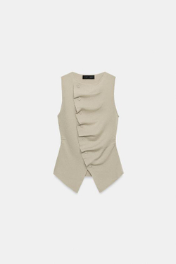 ZARA ТРИКОТАЖНЫЙ ТОП СО СБОРКАМИ, ПЕСОЧНЫЙ