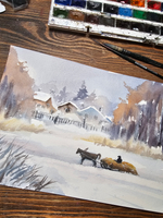 Картина авторская акварельная в паспарту 30х40 см на стену для интерьера "Зима в селе"