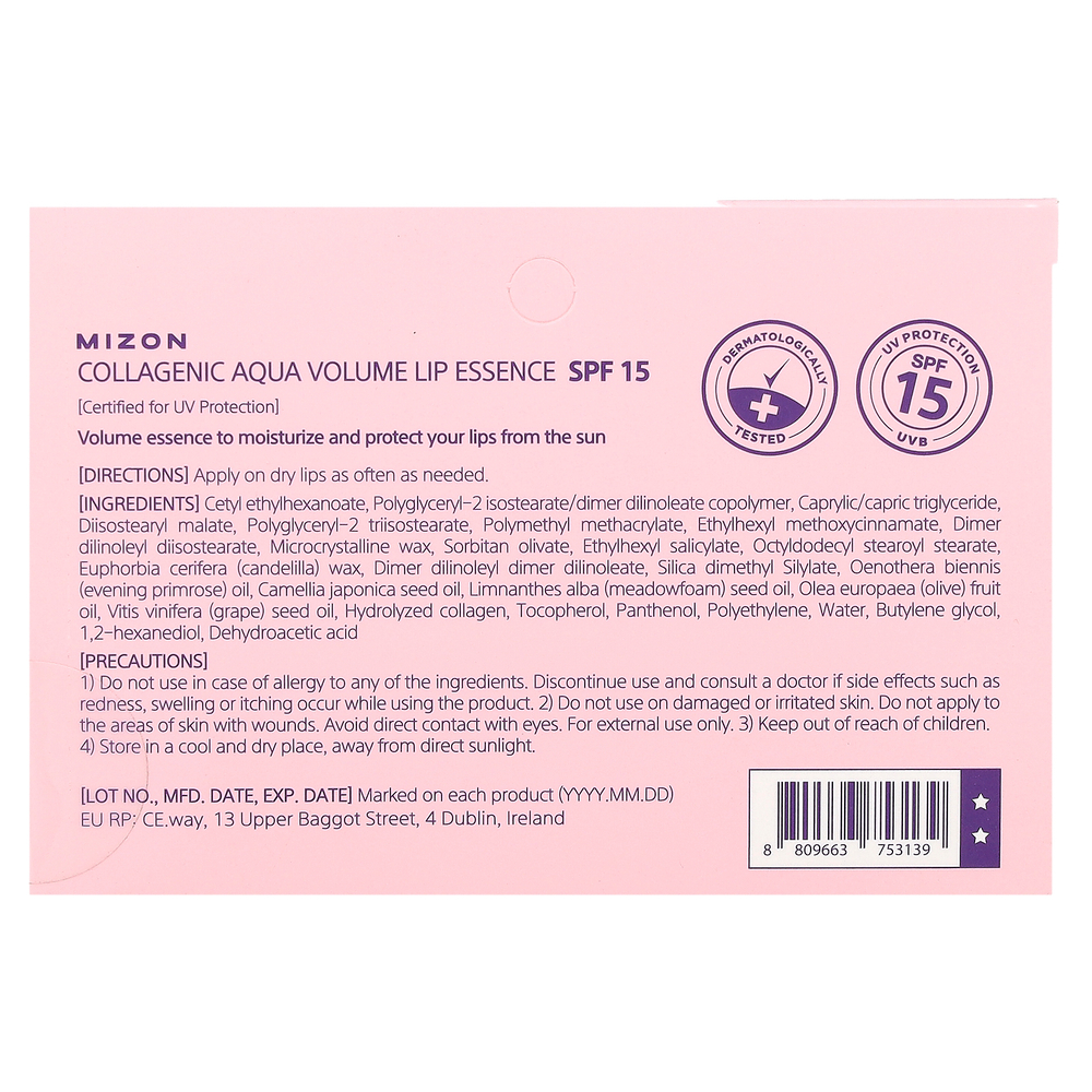 Mizon, Collagenic Aqua Volume, эссенция для губ, SPF 15, 10 мл (0,33 жидк. унции)