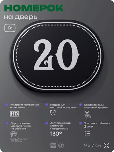 Номерок на дверь квартиры 20, для кабинета, офиса, шильдик 9 х 7 см, черный, Айдентика Технолоджи