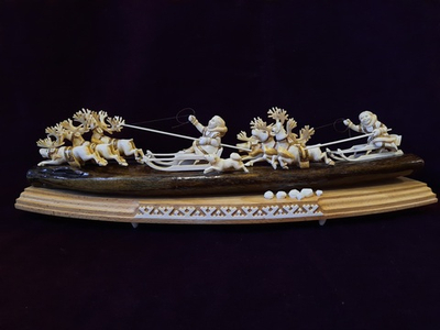 Композиция "Двойные гонки на оленях", ребро мамонта, цевка, бук