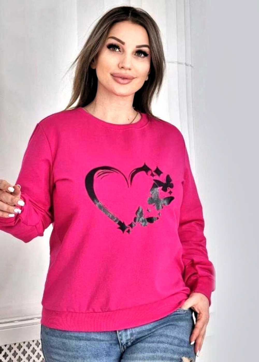 Толстовка женская фиолетовая "Сердце и бабочки", размер 48-56