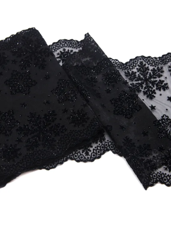 0142 ОПТ Кружево эластичное 19 см, Италия, флок, снежинки, черный