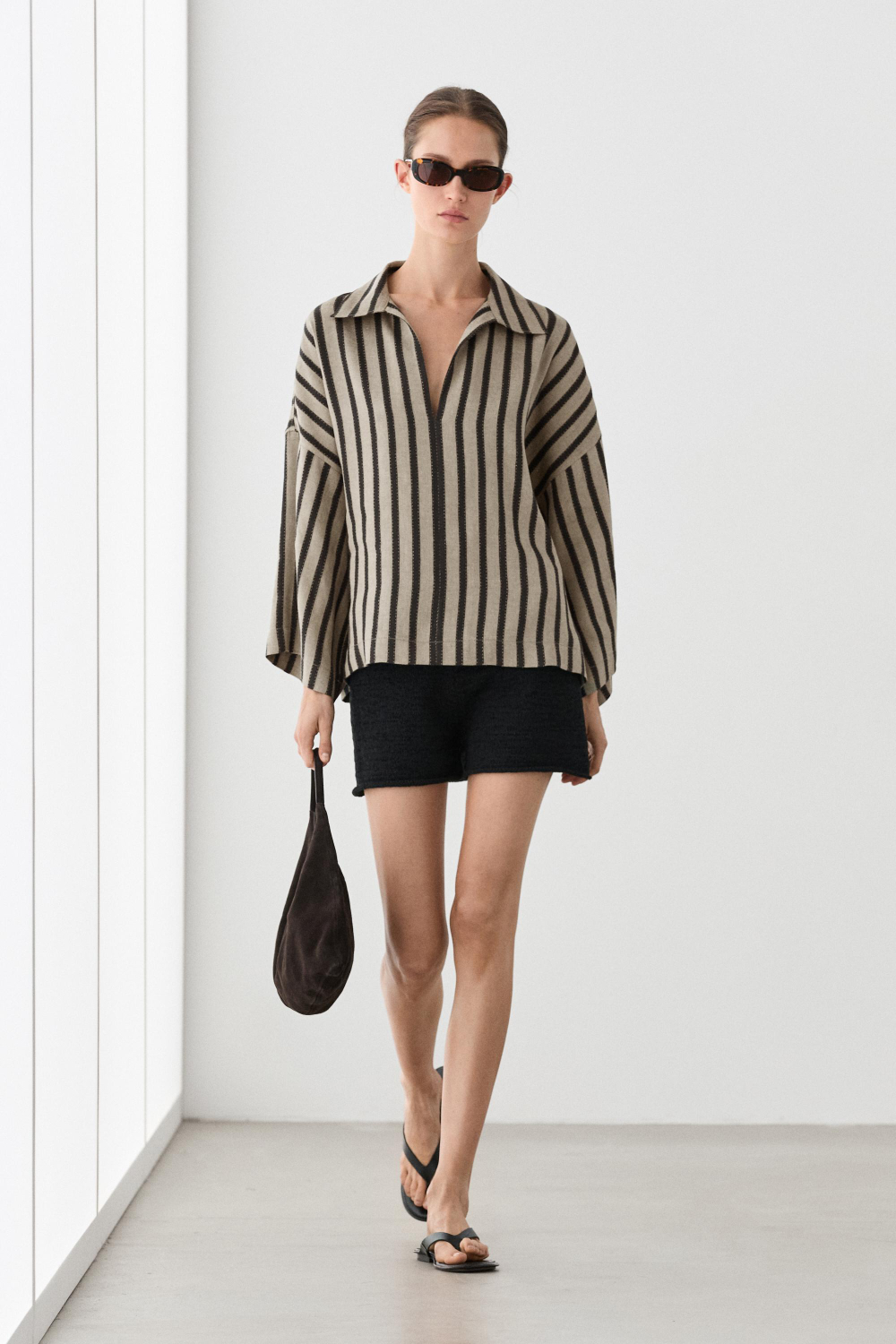 Massimo Dutti Блуза оверсайз в полоску из смесового льна, песочный