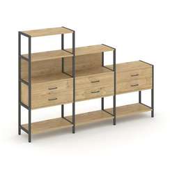 Shelf System Трехсекционный стеллаж четырех/трех/двухярусный с ящиками SN.STM-431 Тиквуд Светлый/Мет