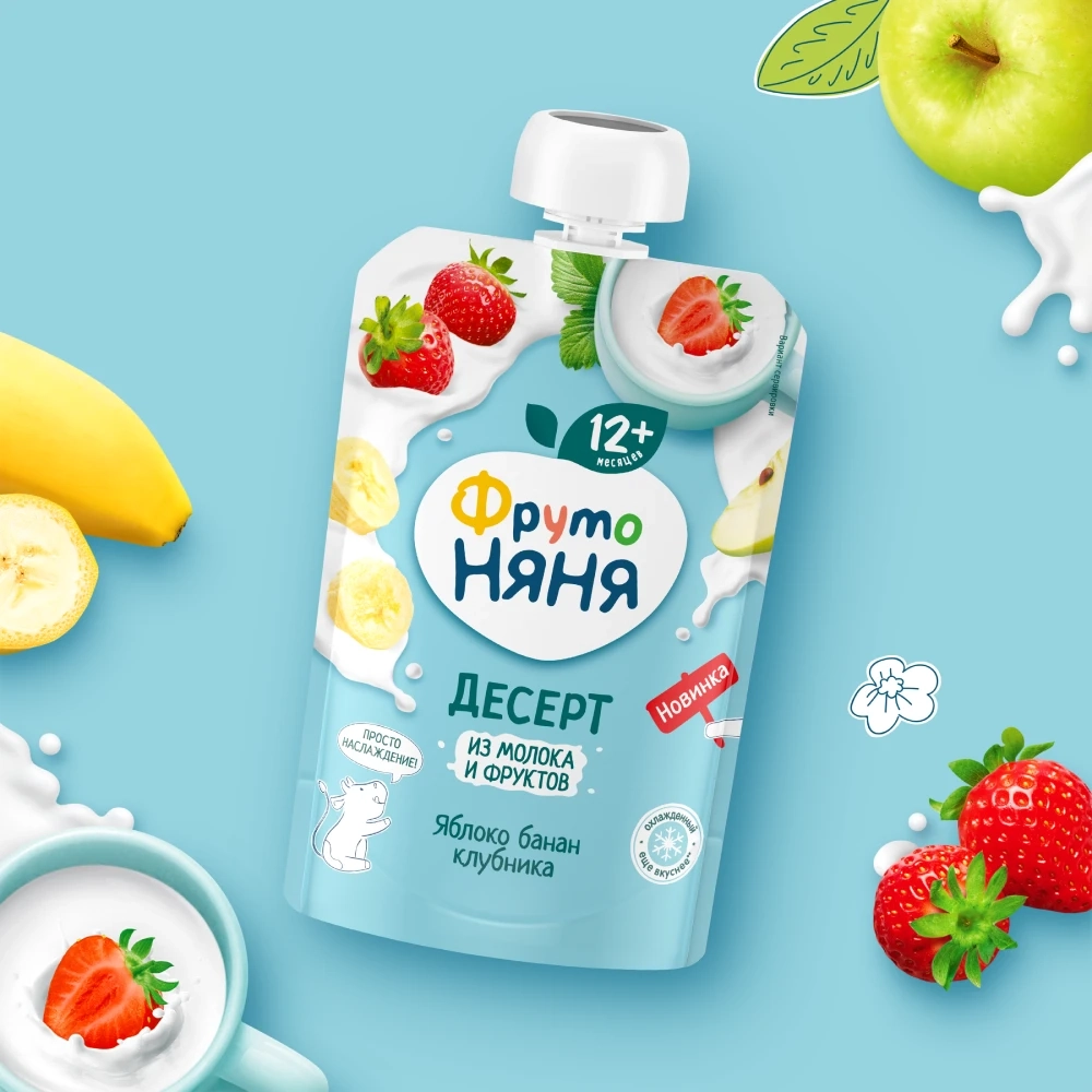 Фрутоняня пауч Десерт из яблок, бананов и клубники 90г с 12 месяцев
