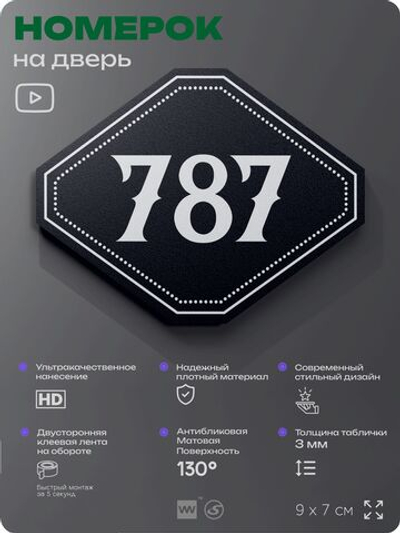 Номерок на дверь квартиры 787, для кабинета, офиса, шильдик 9 х 7 см, черный, Айдентика Технолоджи