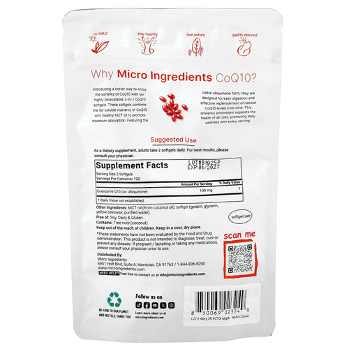 Micro Ingredients, CoQ10`` 240 капсул (50 мг в каждой капсуле)