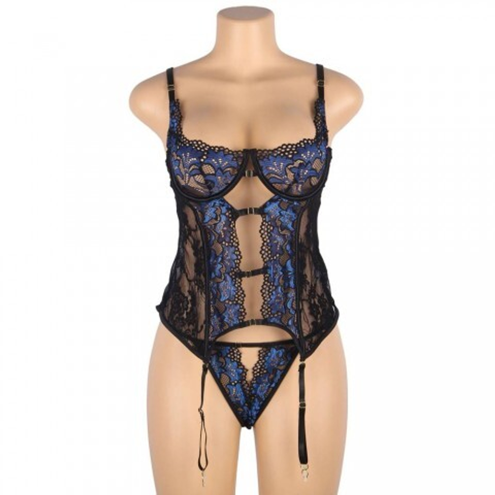 Комплект белья: корсет с подвязками и стрингами черно-синий (размер XS-S)