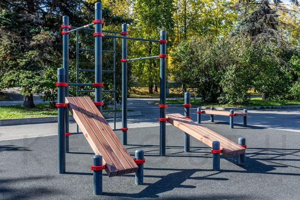 Воркаут комплекс 3 турника, шведская стенка, брусья и наклонная скамья - Кенгуру Стандарт