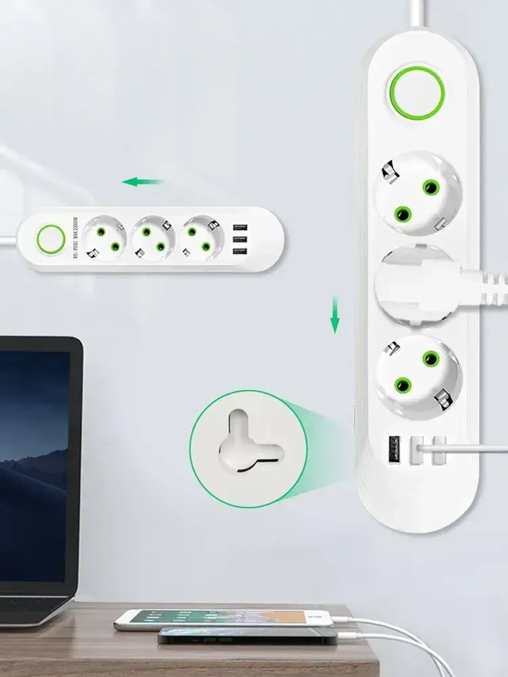 Удлинитель сетевой фильтр 10 метров 3 розетки 3 USB Белый