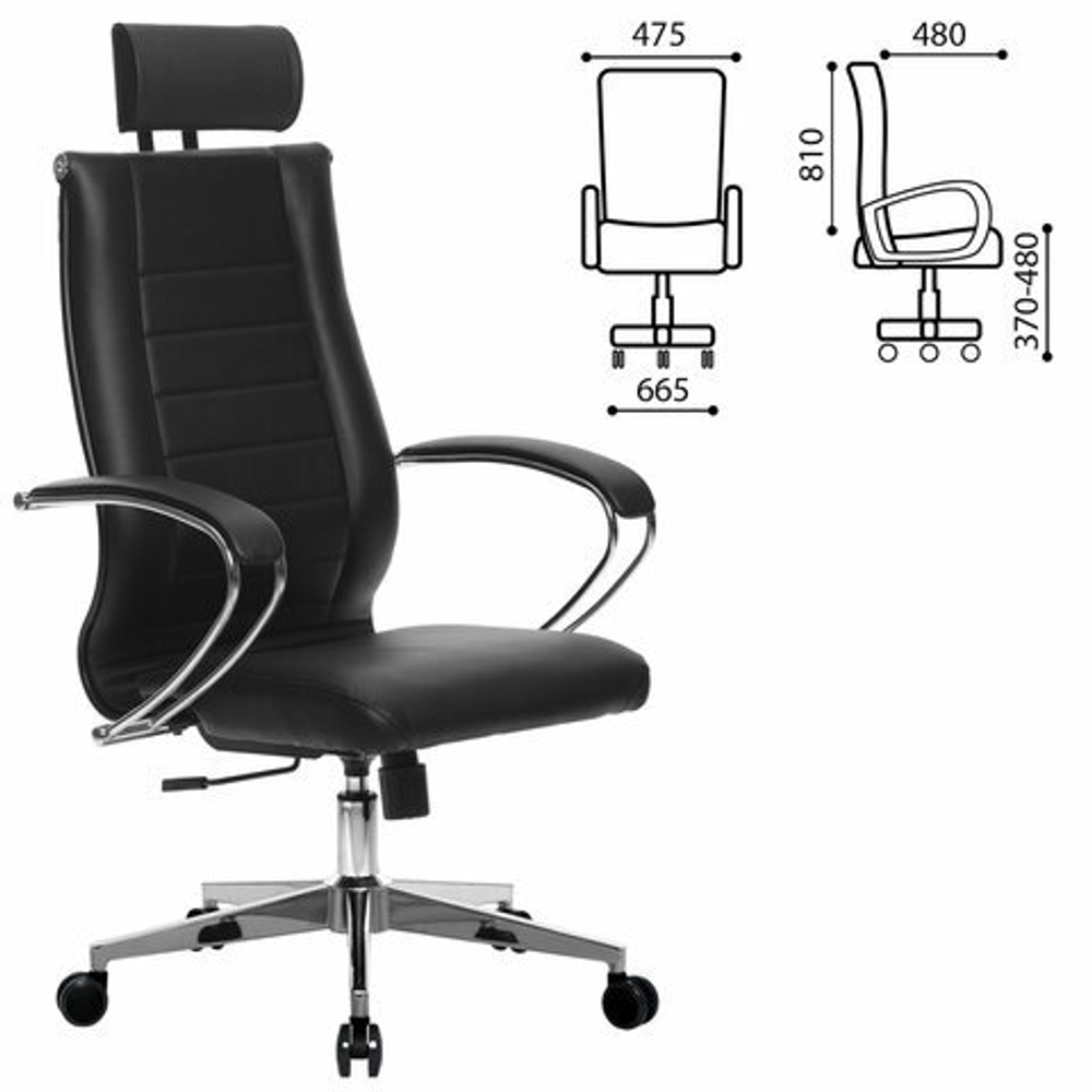 Кресло офисное МЕТТА "К-32" хром, экокожа, подголовник, сиденье и спинка мягкие, черное
