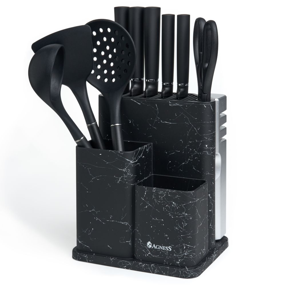 НАБОР AGNESS ИЗ 11ПР:5 НОЖЕЙ,ПОЛОВНИК,ЛОПАТКА,ШУМОВКА,ПОДСТАВКА,НОЖЕТОЧКА,НОЖНИЦЫ,ЧЕРНЫЙ МРАМОР/СЕРЫ