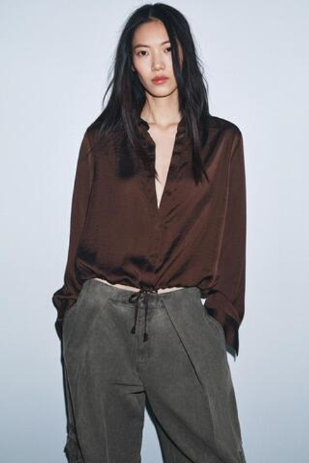 ZARA АТЛАСНАЯ РУБАШКА ZW WOMAN, КОРИЧНЕВЫЙ