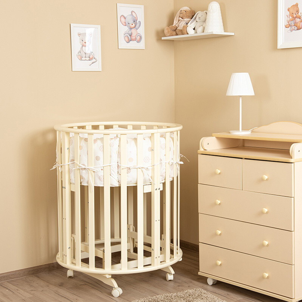 Кроватка-трансформер овальная Vikalex Лоди маятник на колёсах белый