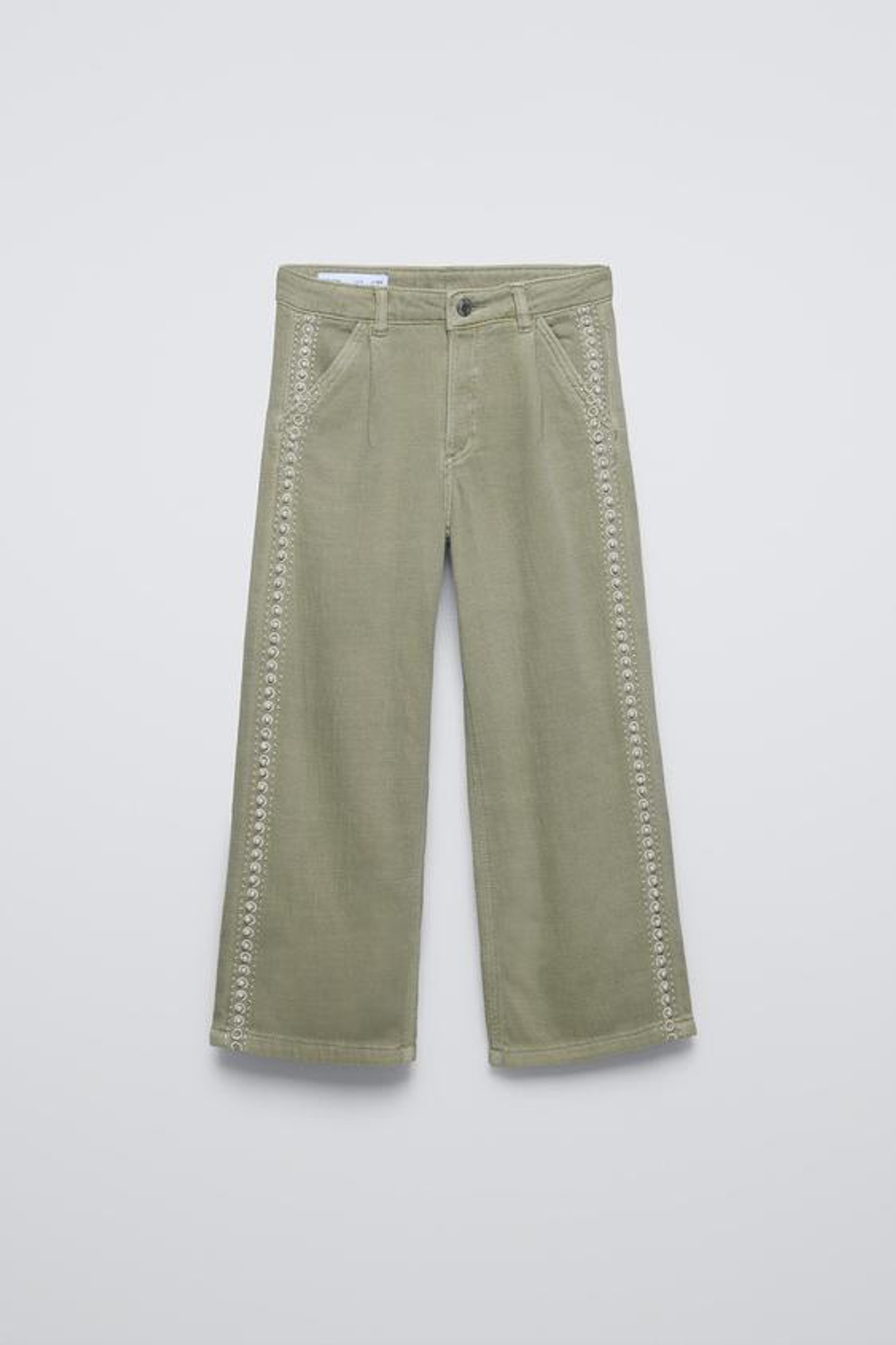 ZARA ДЖИНСЫ WIDE LEG С ВЫШИВКОЙ И БУСИНАМИ, ЗЕЛЕНЫЙ