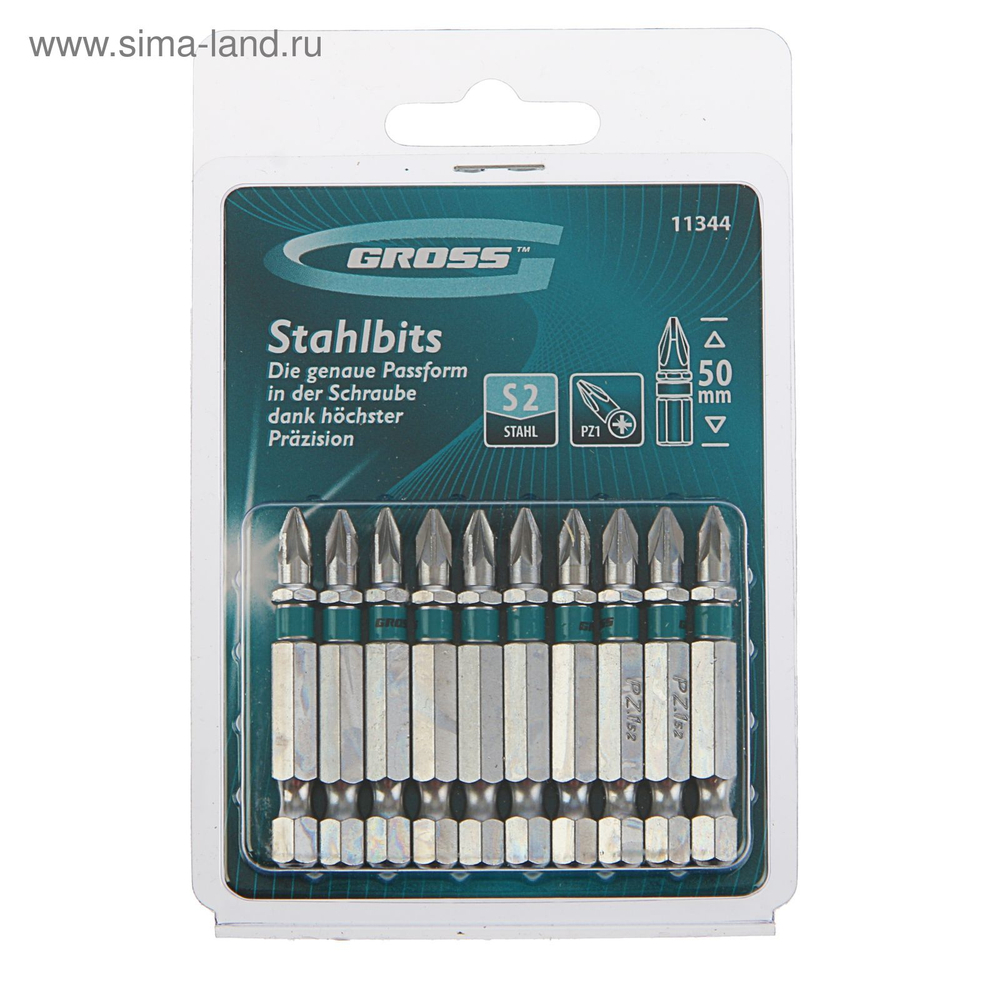 Биты профессиональные Gross, сталь S2, двойной блистер PZ1х50мм, 10шт