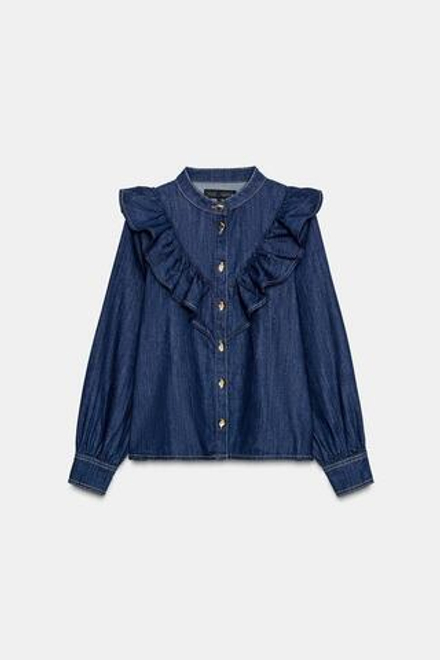 ZARA ДЖИНСОВАЯ РУБАШКА Z1975 С ВОЛАНАМИ, СИНИЙ