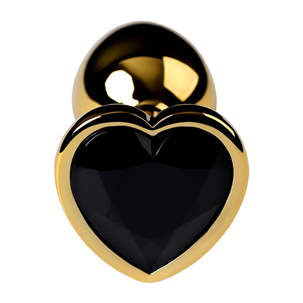 Золотистая коническая анальная пробка 7см с черным кристаллом сердечком ToyFa Metal 717016-135