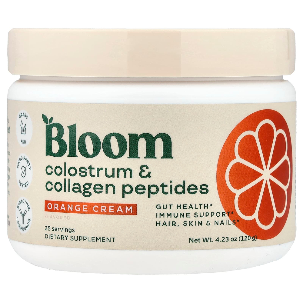 Bloom, молозиво и пептиды коллагена, апельсиновый крем, 120 г (4,23 унции)