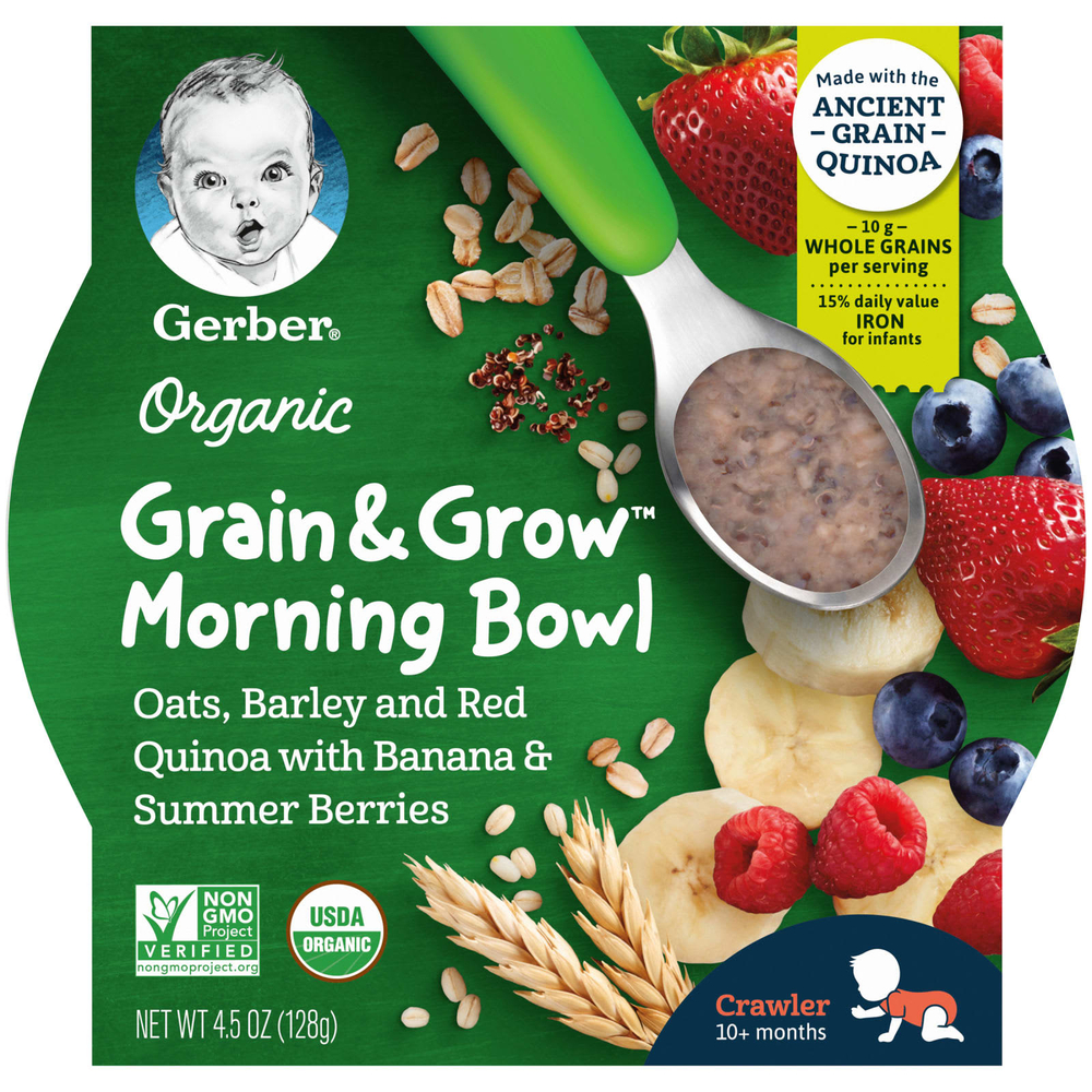 Gerber, Organic, Grain & Grow, Morning Bowl, для малышей от 10 месяцев, овес, ячмень, красная киноа с бананом и летними ягодами, 128 г (4,5 унции)