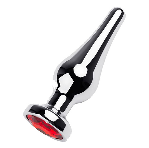 Серебристая вытянутая анальная пробка 10см с красным кристаллом ToyFa Metal 717049-9