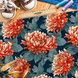 Ткань премиум бифлекс хризантемы на сероголубых листьях