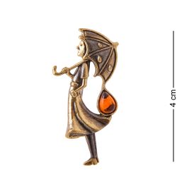 AM-3428 Брошь «Девочка под дождём» (латунь, янтарь)