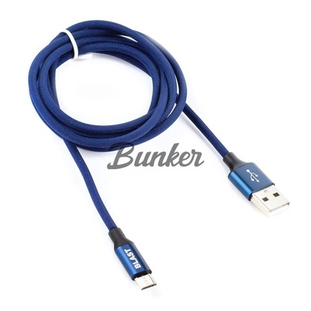 Кабель USB-micro-USB BLAST BMC-114,синий металл штекер, 1,2м круглый синий нейлон