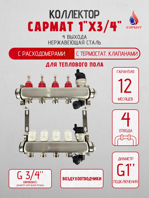 Коллекторная группа с расходомерами САРМАТ 1"x3/4" 4 вых. нерж с в /о SS2200 (CN)