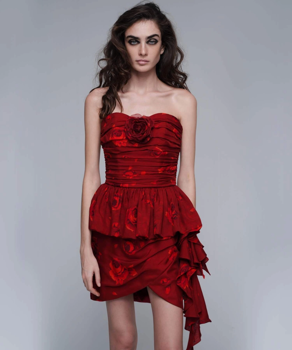 Loreen, юбка мини из бордового шифона с крупными красными цветами