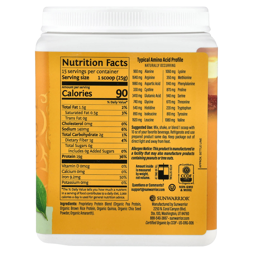 Sunwarrior, протеин «Классик плюс», растительный, без вкусовых добавок, 375 г (13,2 унции)