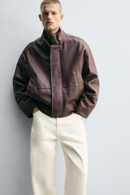 ZARA КУРТКА ИЗ ТЕКСТУРНОЙ ИСКУССТВЕННОЙ КОЖИ, БОРДОВЫЙ