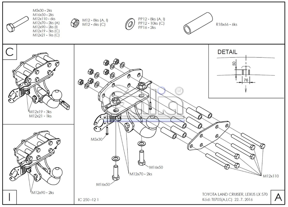 Фаркоп оцинкованный Galia T070C для Toyota Land Cruiser 200 2008-, Lexus LX 2008-(паспорт и сертификат в комплекте)(без электрики)