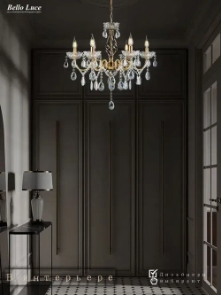 Люстра хрустальная Классика античная бронза подвесная с прозрачными хрустальными подвесками на 6 ламп E14, регулировка по высоте