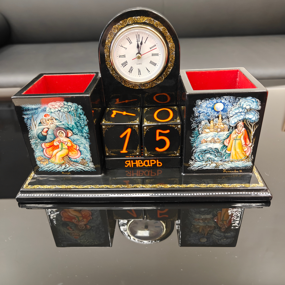 Настольный набор с часами и календарем с ручной росписью Палех "Русские сказки"