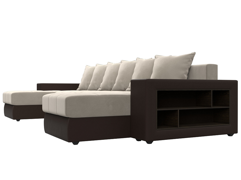 Диван П-образный Дубай полки справа, Бежевый\Коричневый, Микровельвет\Экокожа, 31510R