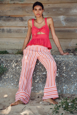 ZARA ТОП ИЗ СМЕСОВОГО ЛЬНА С БАСКОЙ И УЗЛОМ, МЯГКИЙ РОЗОВЫЙ