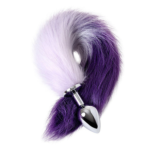Серебристая металлическая анальная втулка 45см с фиолетово-белым хвостом размер M ToyFa Metal 712027-M
