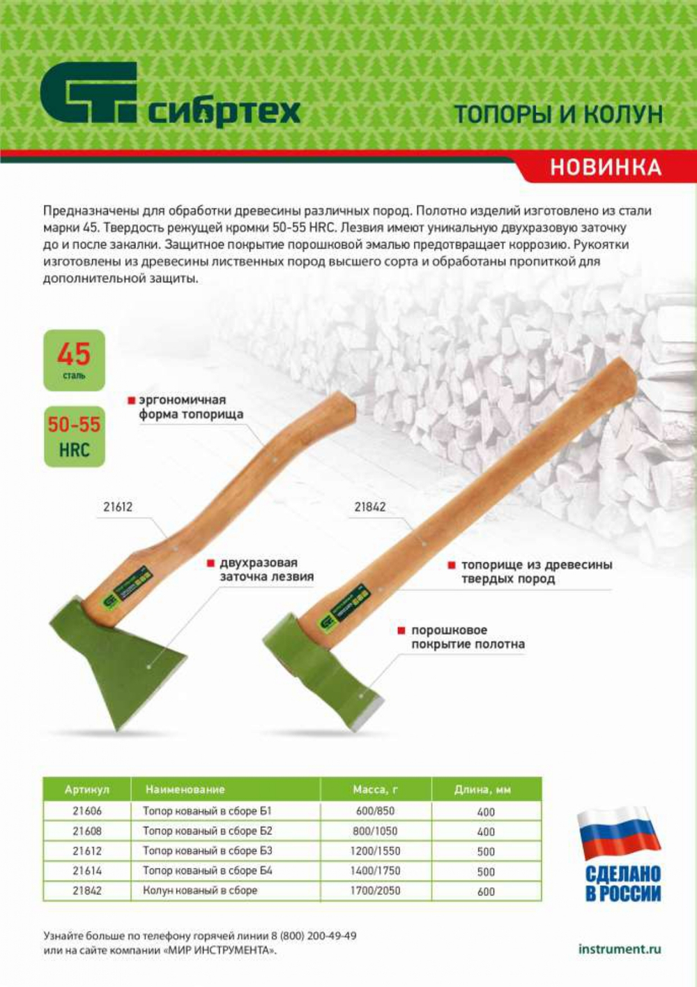 Топор кованный, в сборе, 800/1050 г, деревянное топорище, 400 мм, Б2 Сибртех