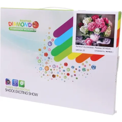 Алмазная мозаика на подрамнике с полным заполнением «МИР ЯРКИХ КРАСОК», букет пионов, 30*40см