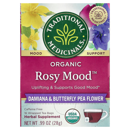 Traditional Medicinals, Organic Rosy Mood ™, дамиана и цветы гороха-бабочки, без кофеина, 16 чайных пакетиков в упаковке, 28 г (0,99 унции)