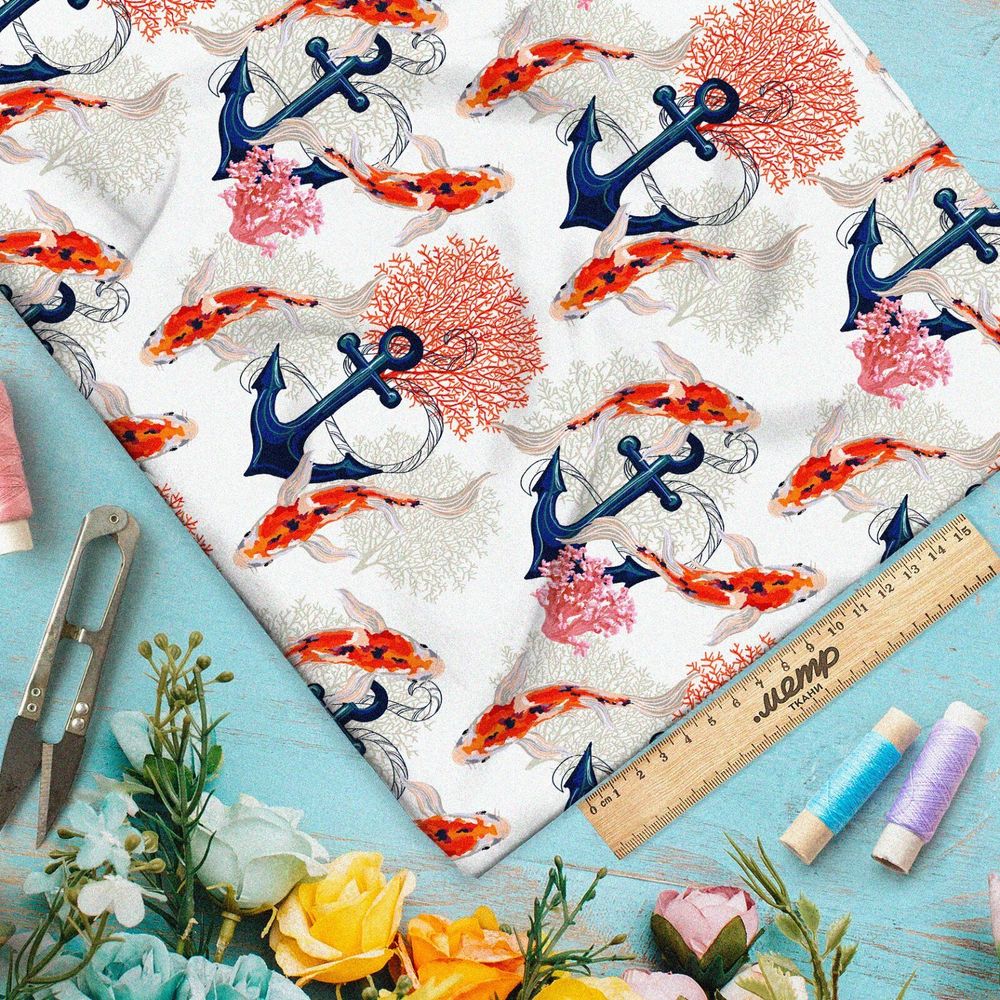 Ткань бифлекс якорь золотые карпы кораллы