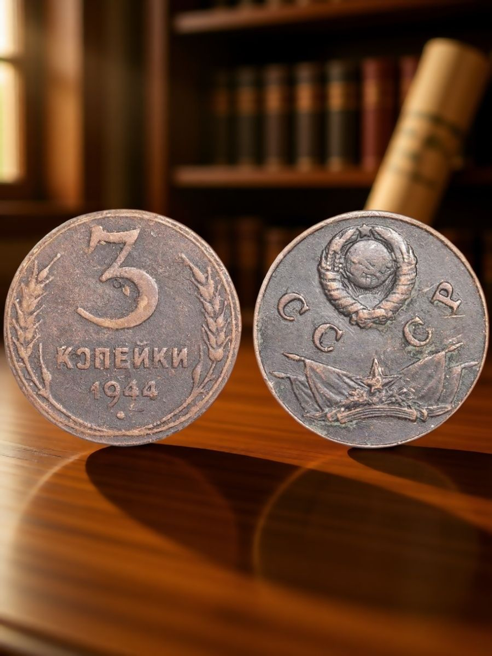 3 копейки 1944 года Знамёна Знамя. Проба СССР. Копия пробной советской монеты медь патина