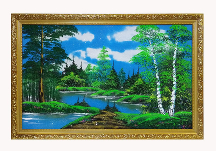 Картина №8 " Летний пейзаж" рисованная уральскими минералами в деревянном багете , размер 59-89-2.5см